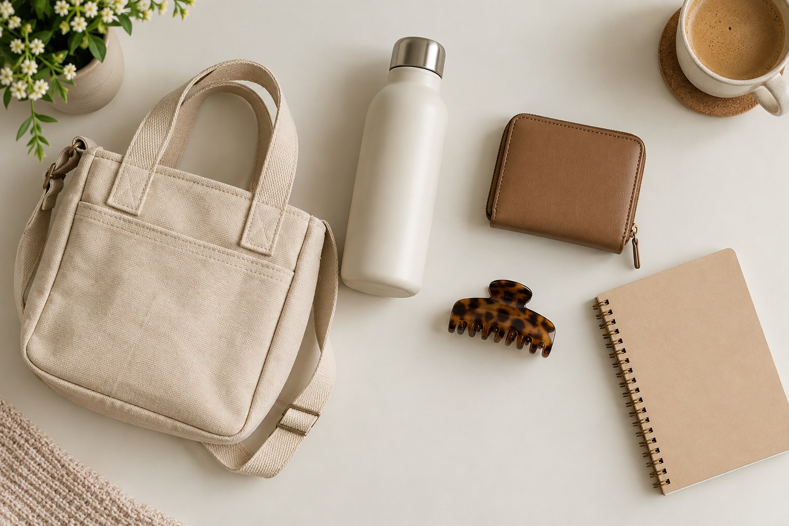 A canvas bag, water bottle, wallet, hair clip and notebook arranged on an ivory surface.
