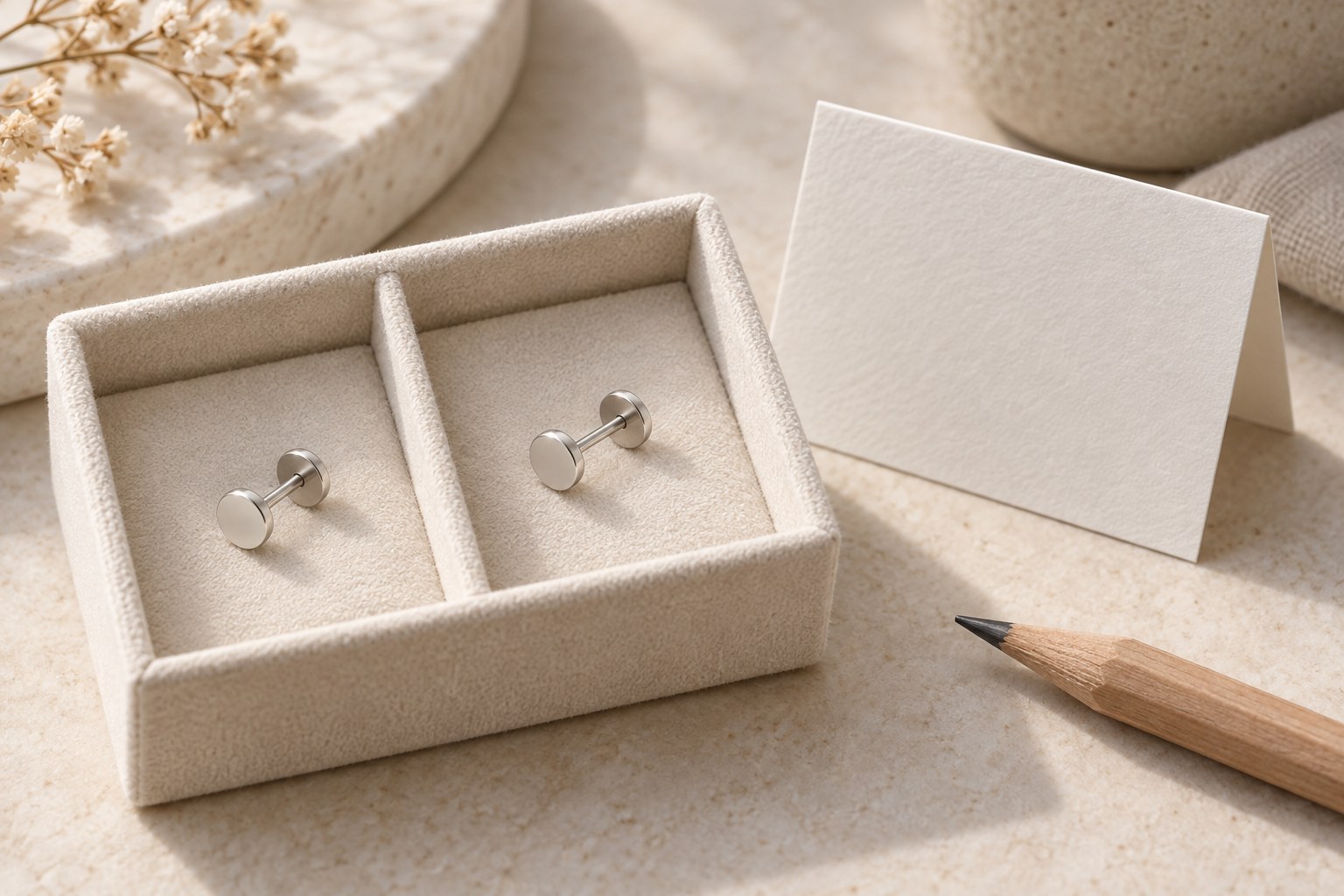 Two silver-tone disk-front studs in separate compartments beside a blank card and pencil.