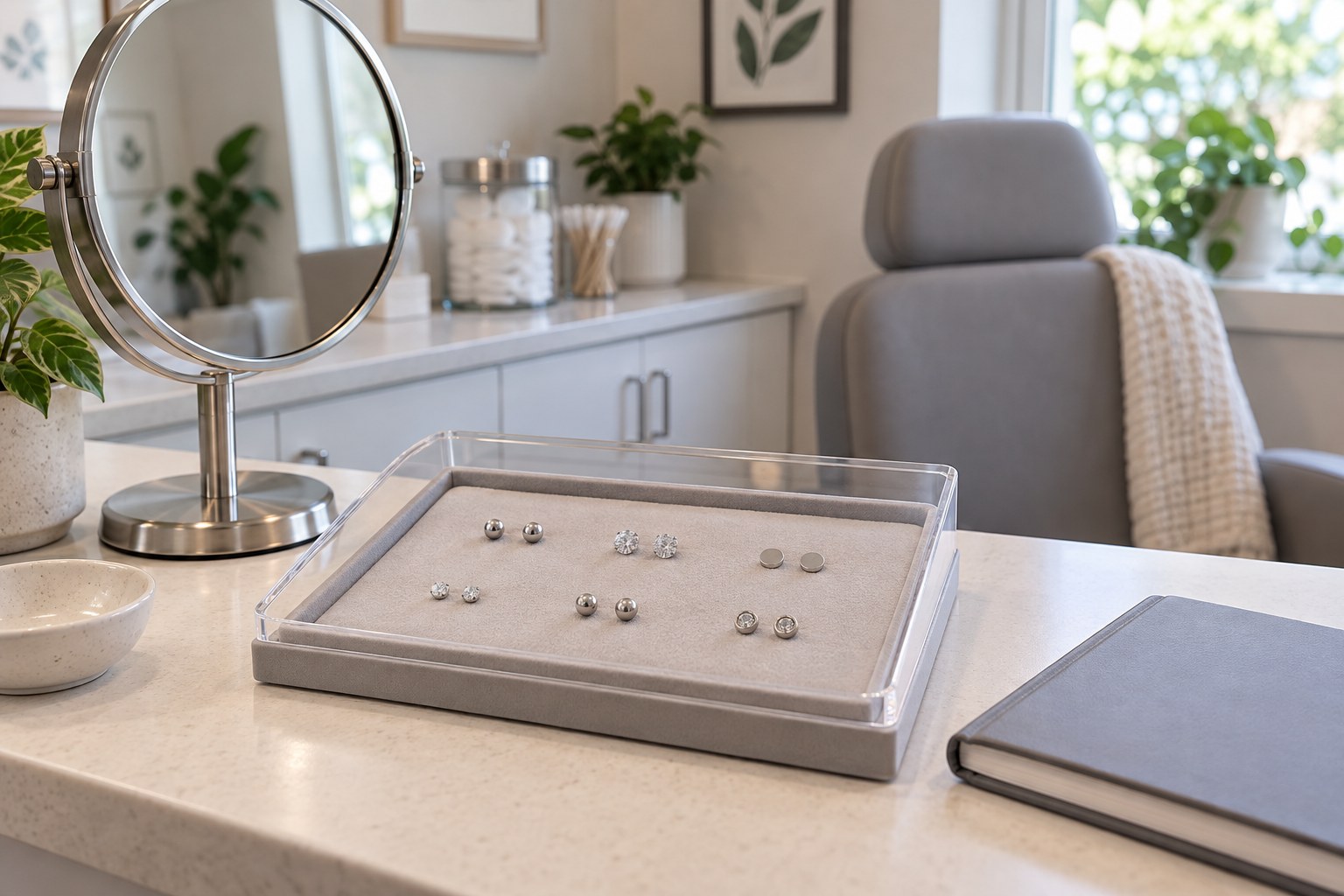 A covered jewelry display, mirror and notebook on a consultation counter.