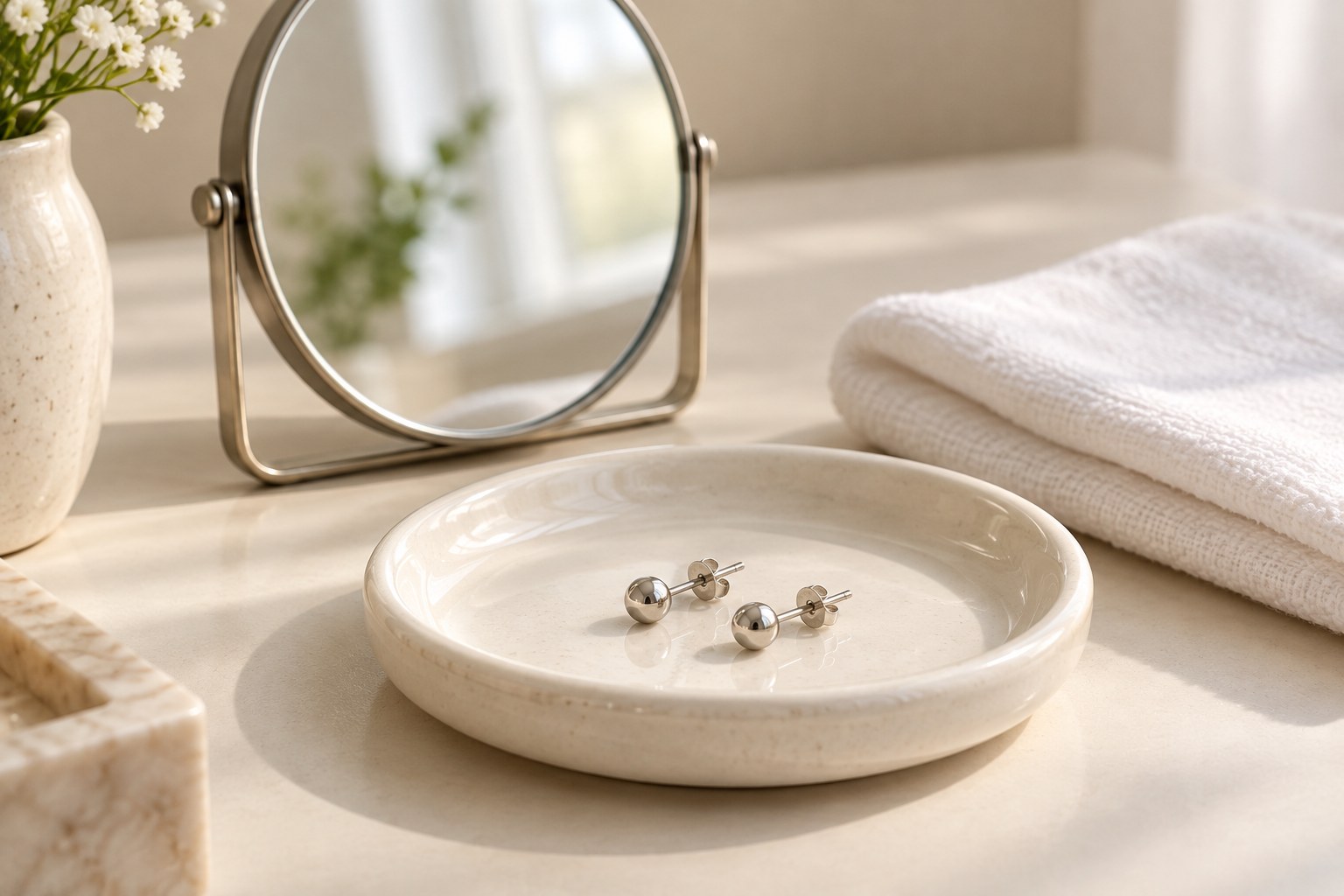 A mirror behind two silver-tone ball studs on a cream tray beside a white cloth.