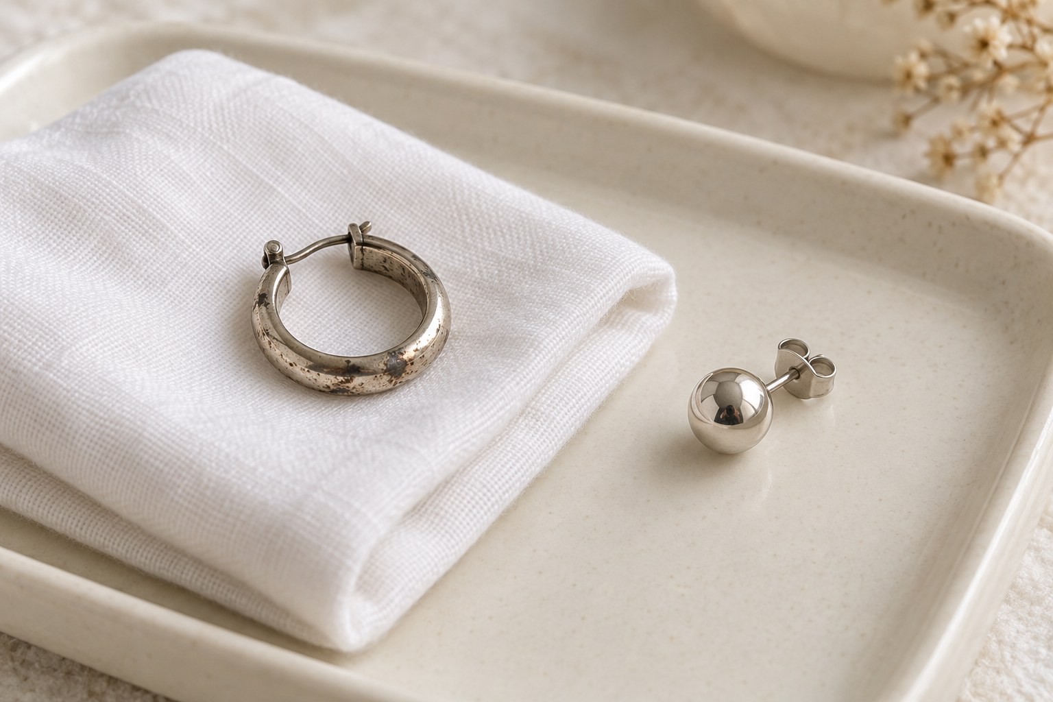 A darkened silver-tone hoop on a folded cloth beside a polished ball stud.