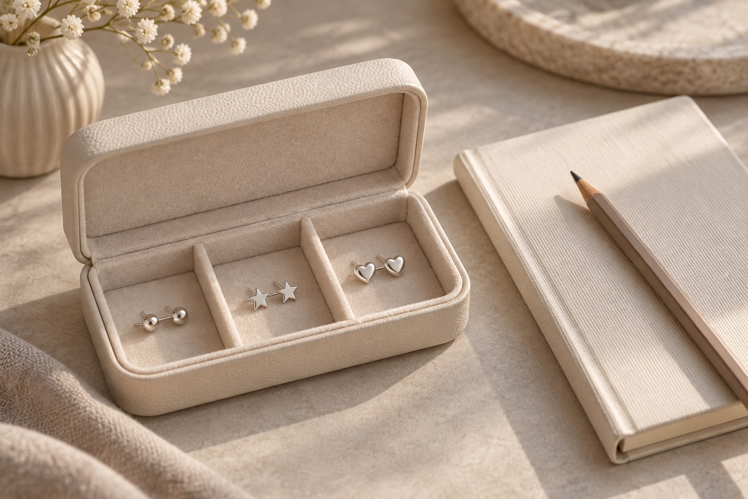 Small ball, star and heart studs in separate cream compartments beside a notebook.