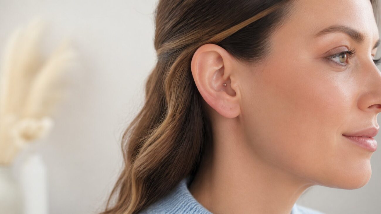 Adult ear with a subtle titanium stud placed on the anti-tragus above the earlobe