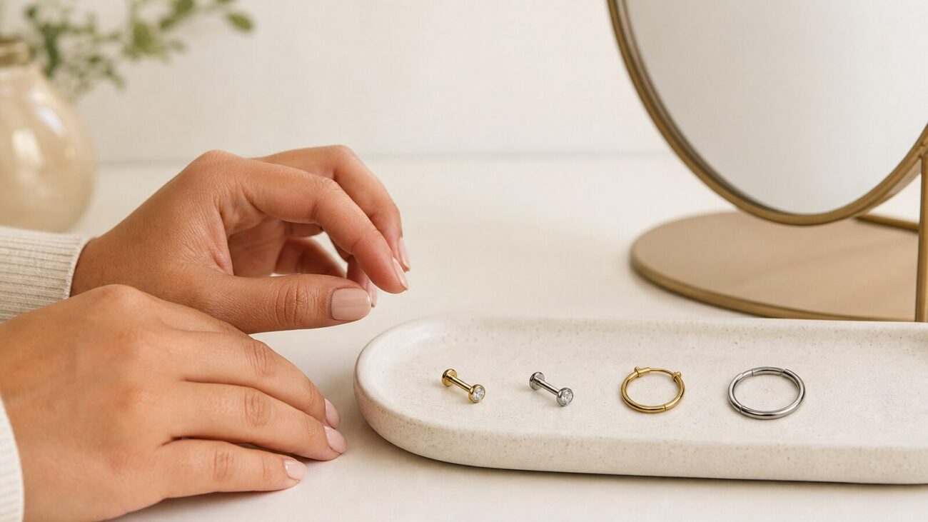 Clean hands beside four piercing jewelry closure types on a pale stone tray