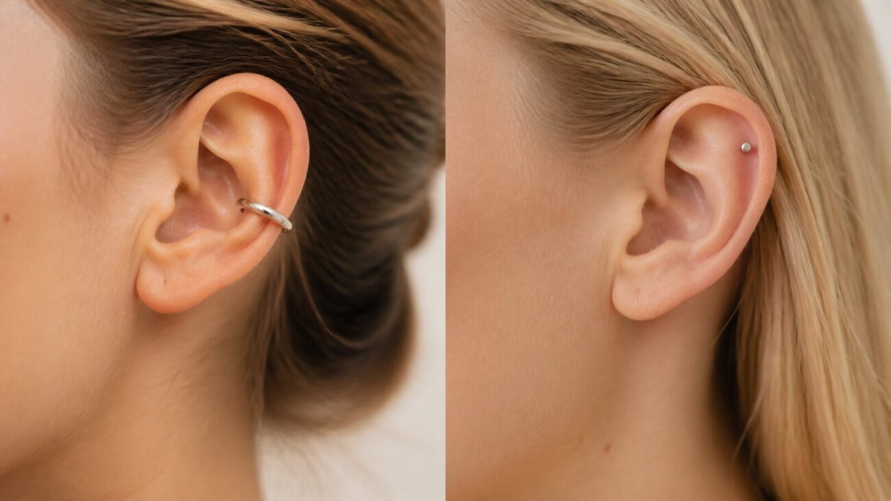 Side-by-side adult ears showing a removable ear cuff and a small healed cartilage stud