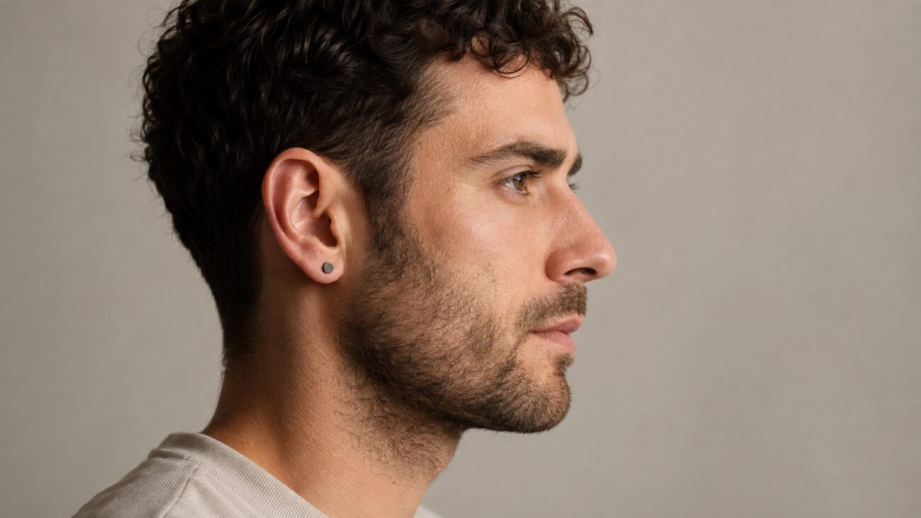 Adult man wearing one small matte stud in a healed earlobe