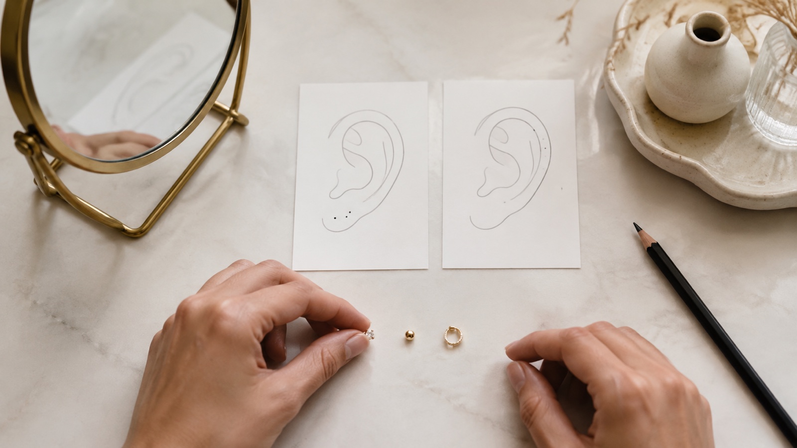Adult arranging three small earrings beside two plain ear-planning cards and a mirror