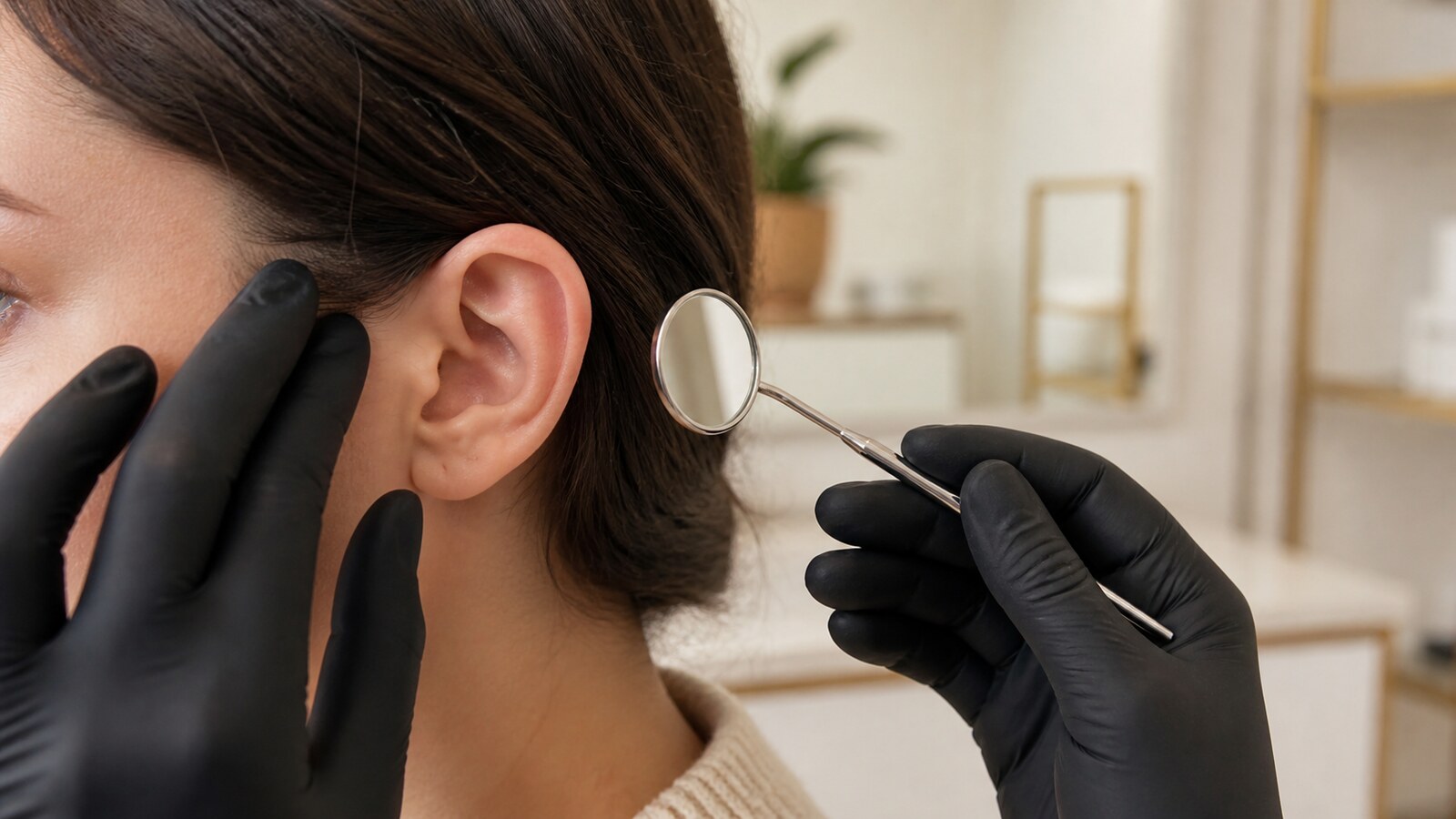 Gloved piercer using an inspection mirror to assess the inner cartilage folds of an adult ear