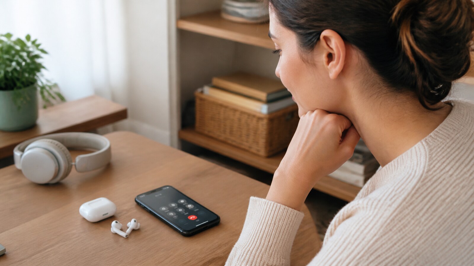 Adult using speakerphone while earbuds and over-ear headphones remain off the ear