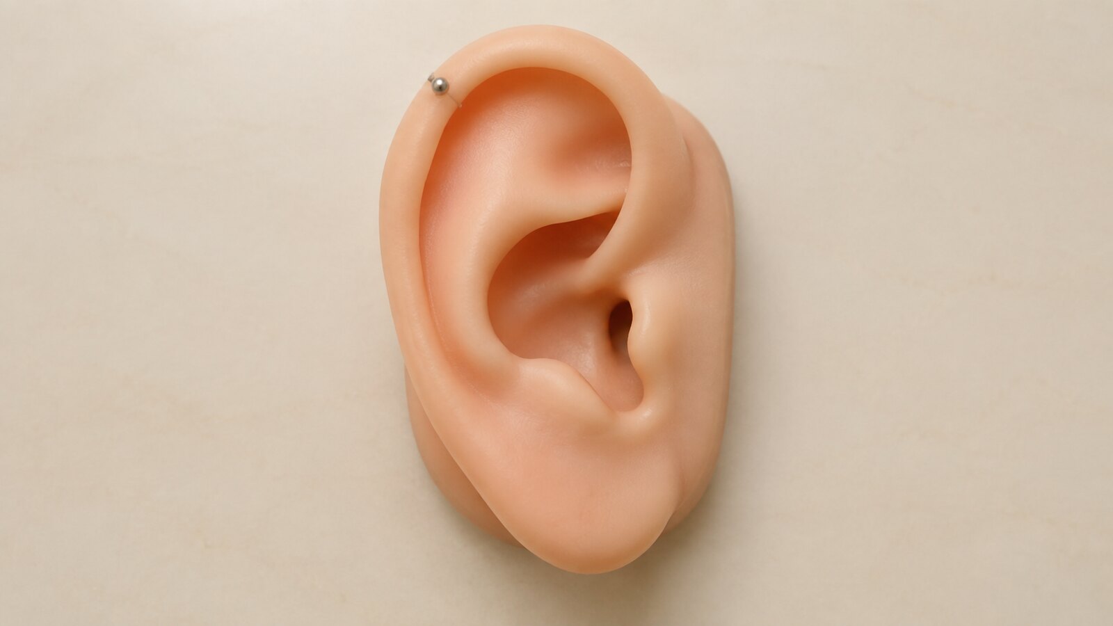 Anatomical ear model with a single silver marker on the upper outer helix rim
