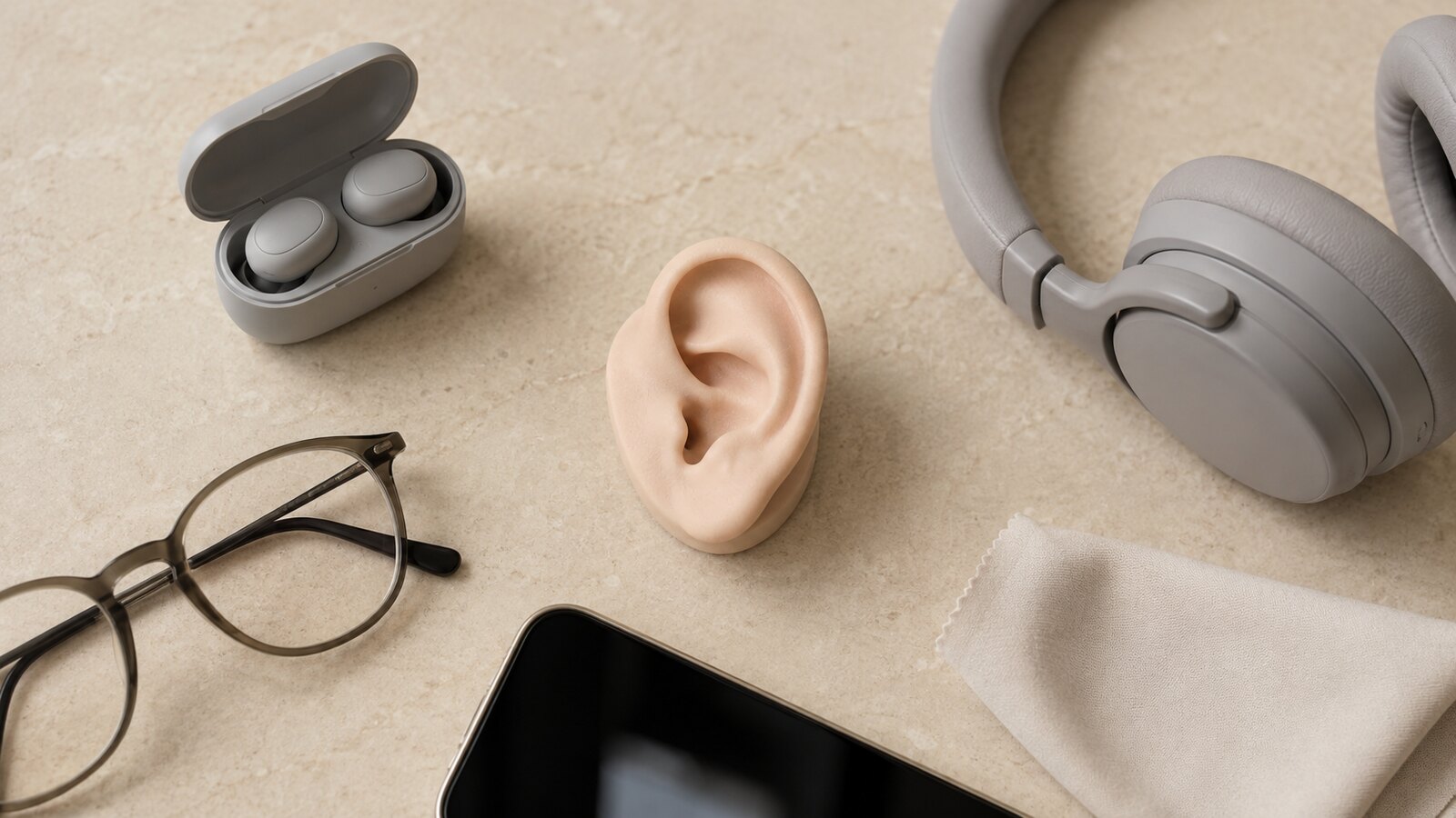Ear model beside closed earbuds, over-ear headphones, glasses, phone, and a clean cloth