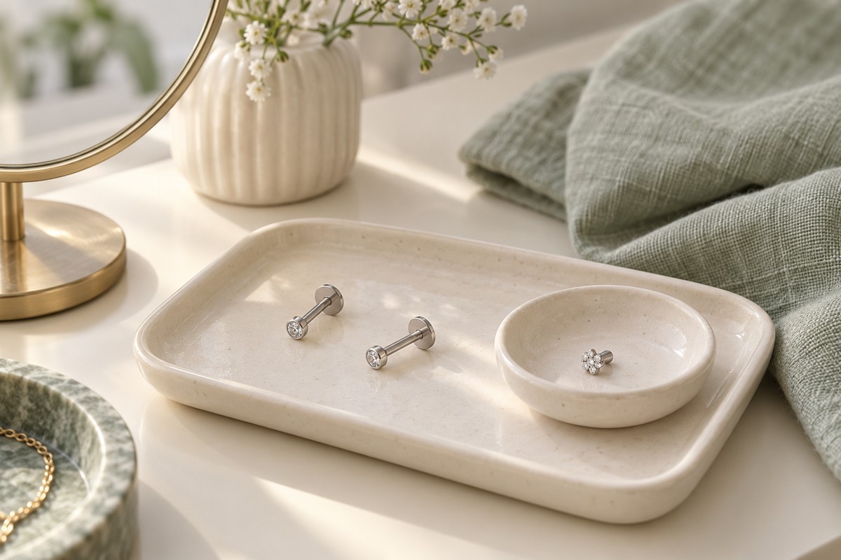 Small silver-tone flat-back studs on an ivory tray beside a mirror and sage fabric.