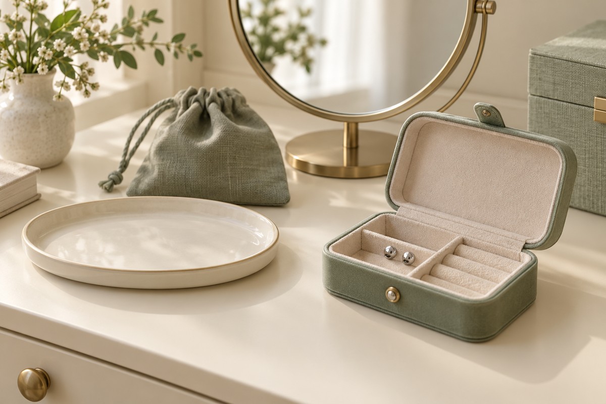 A small clean tray beside a mirror and jewelry storage case.