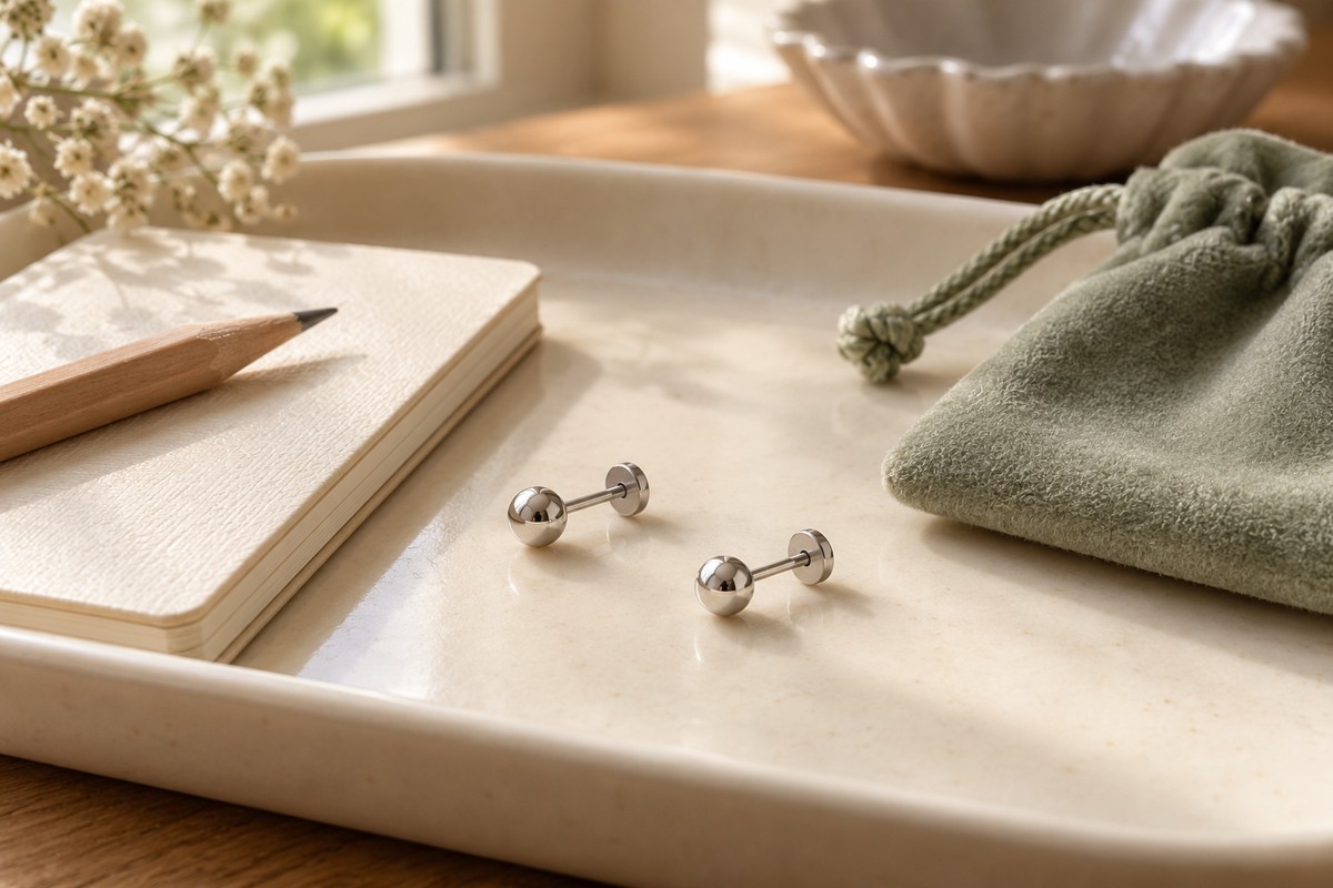 Two small silver-tone flat-back studs beside a notebook and fabric jewelry pouch.