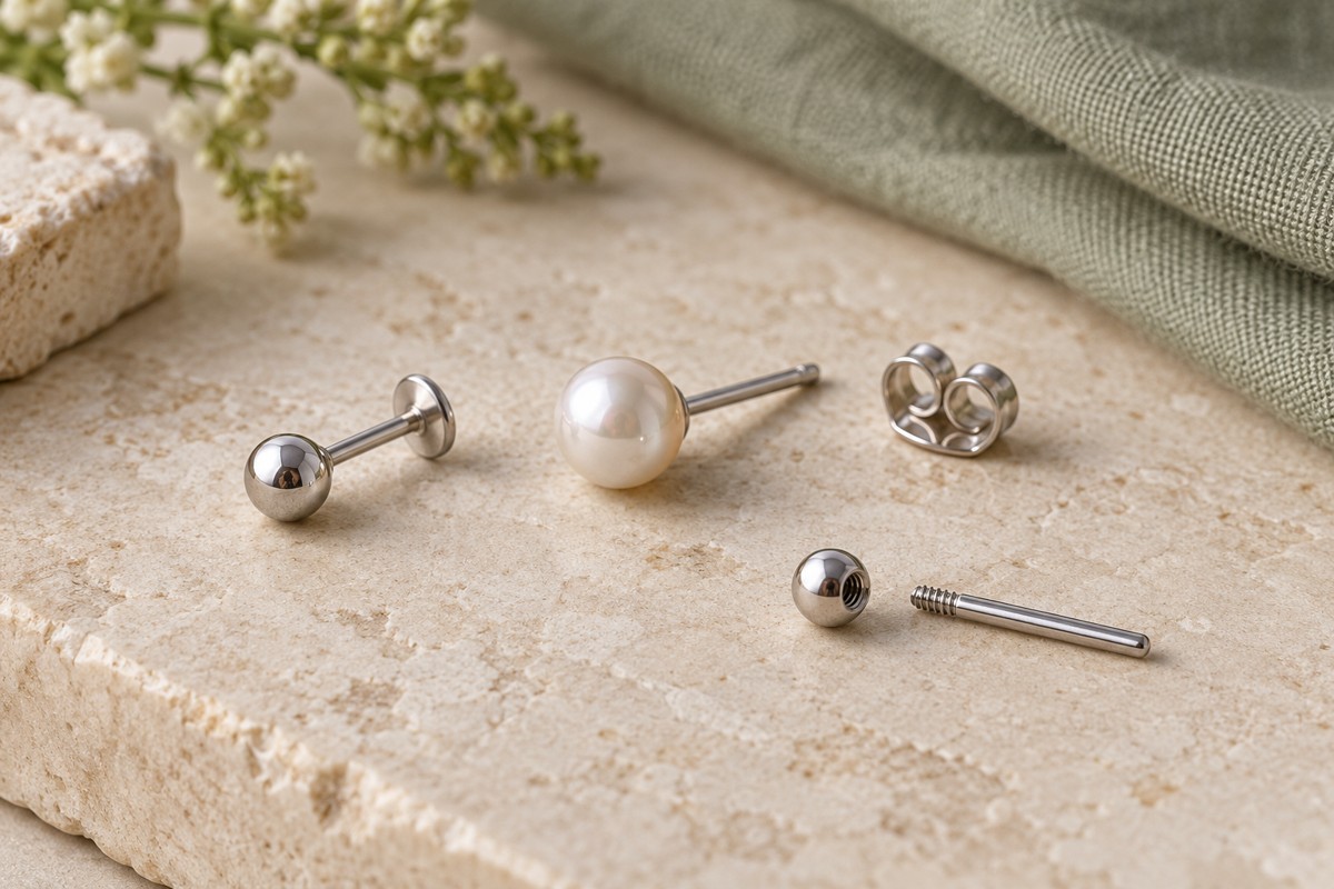 Silver-tone ball and pearl studs beside detached earring components on cream stone.