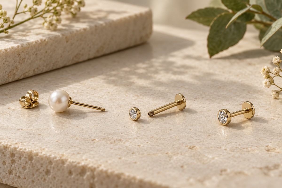 Generic stud earring parts arranged separately on a light surface.