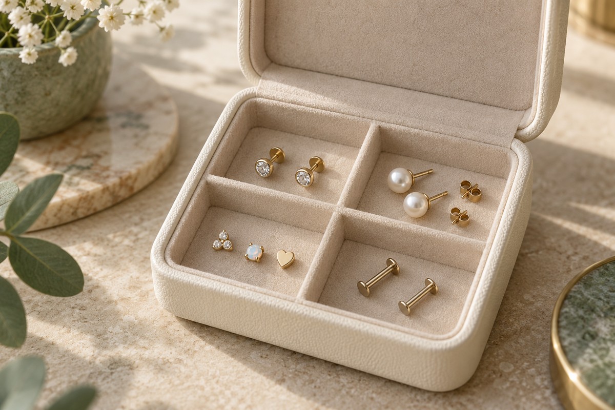 Small earring components stored in separate compartments of a jewelry case.