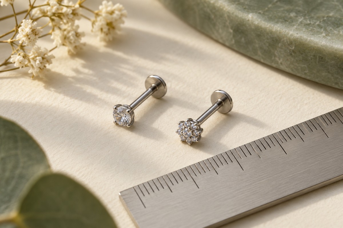 Two generic flat-back studs with different decorative fronts beside a ruler.