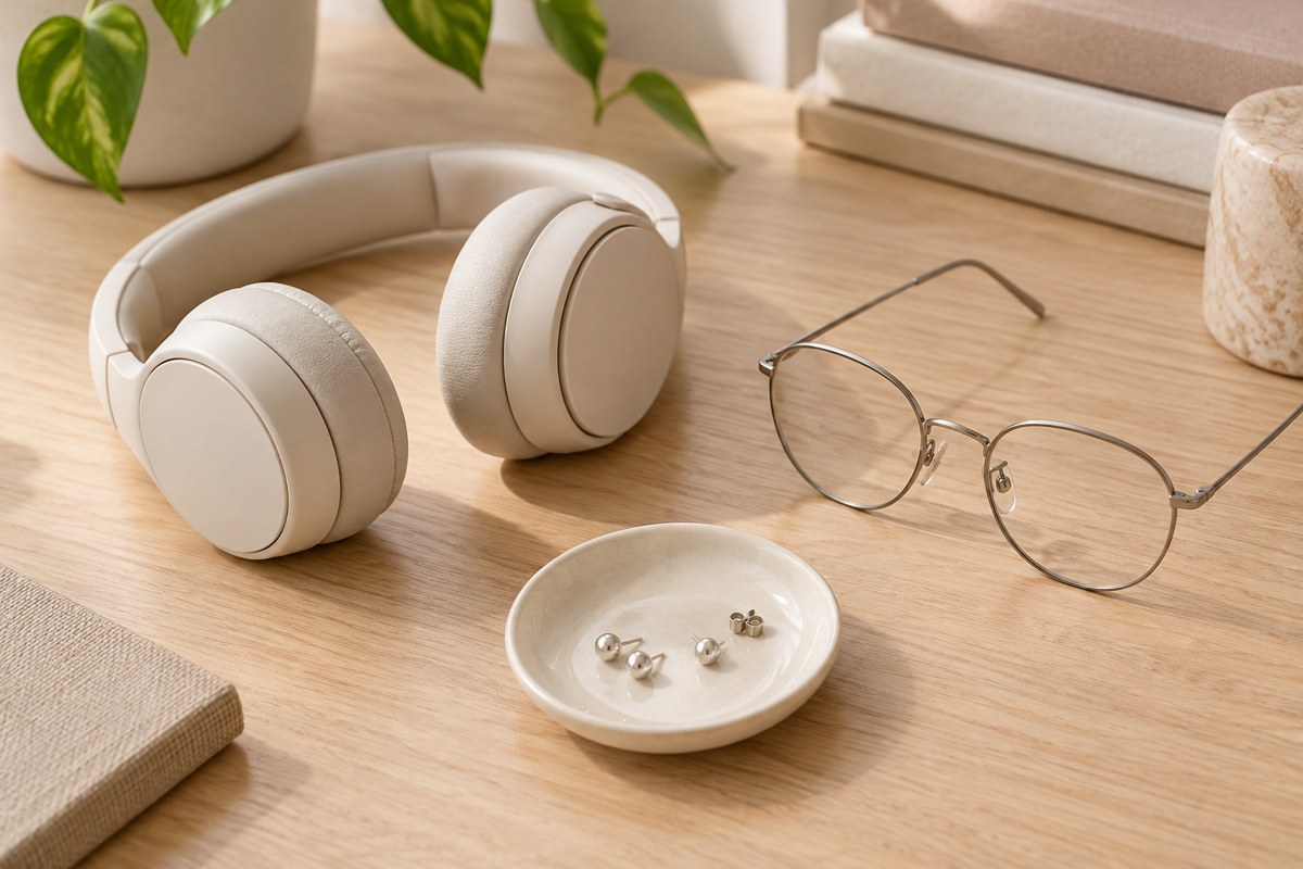 Cream headphones and eyeglasses beside a dish of small stud earrings.