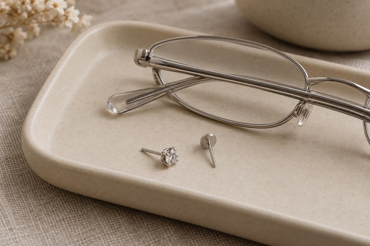 Folded eyeglasses beside a crystal stud and a flat-back post on a tray.