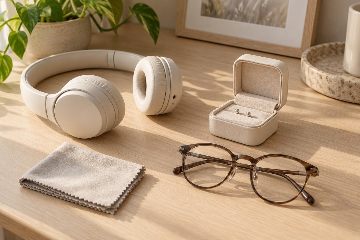 Headphones, eyeglasses, a microfiber cloth and earrings in a storage box.