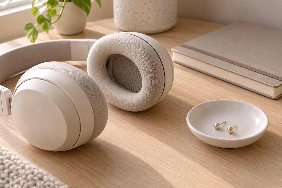 Over-ear headphones showing an ear-cup opening beside a dish of studs.