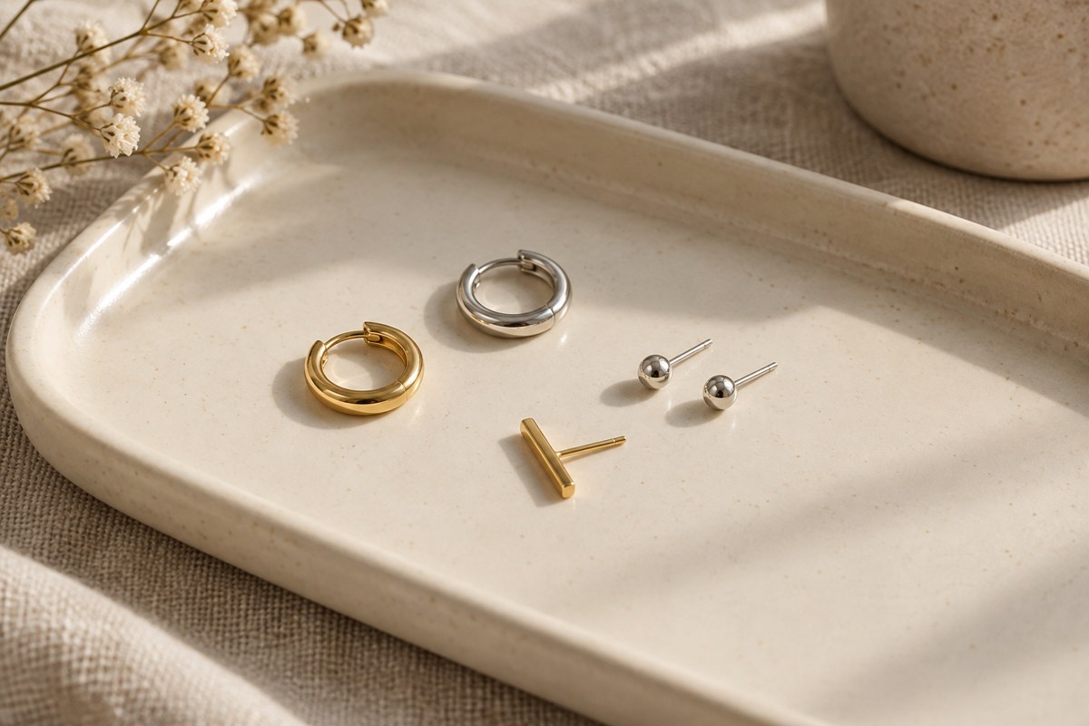 Gold-colored and silver-colored hoops with small studs on an ivory tray.