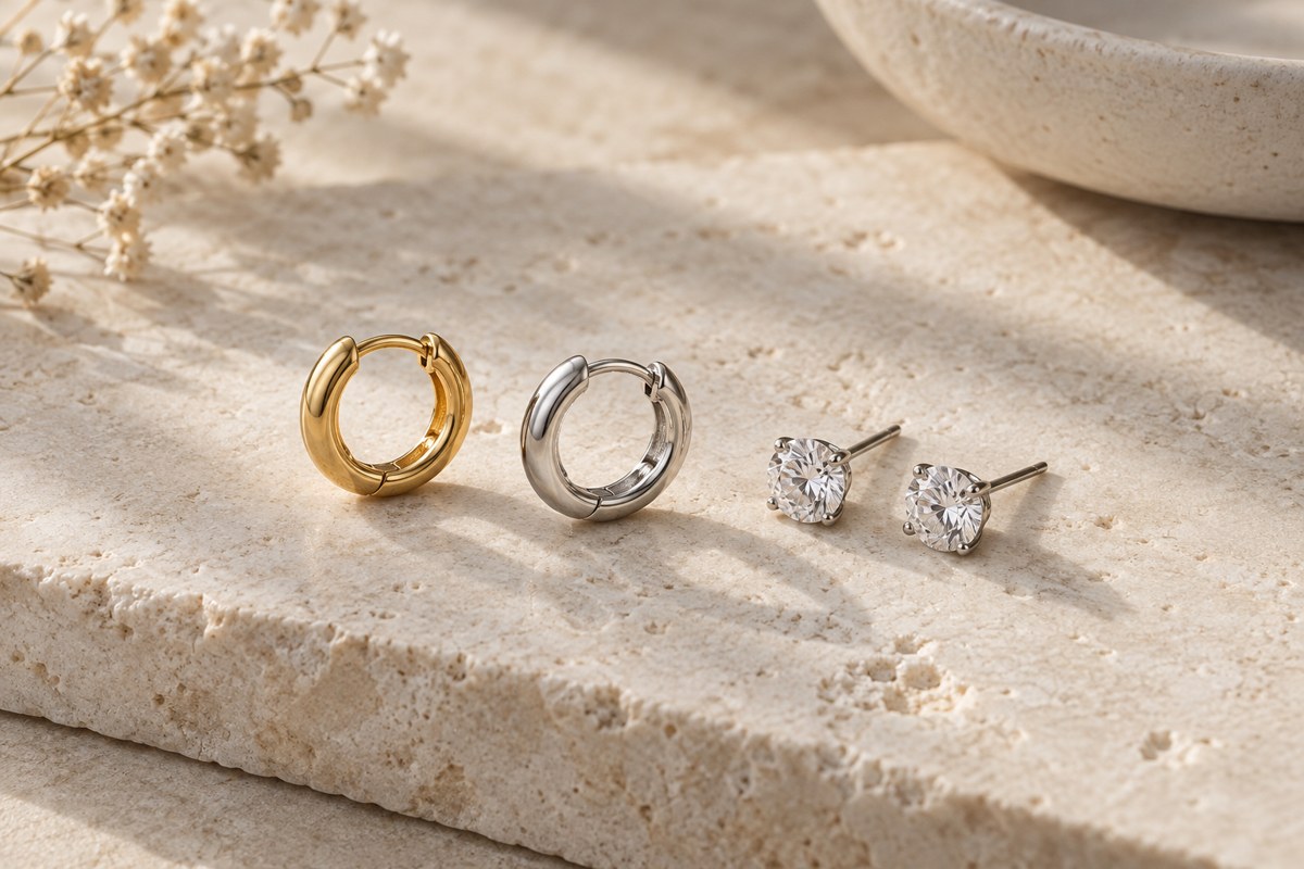 Gold-colored and silver-colored hoops beside clear crystal studs.