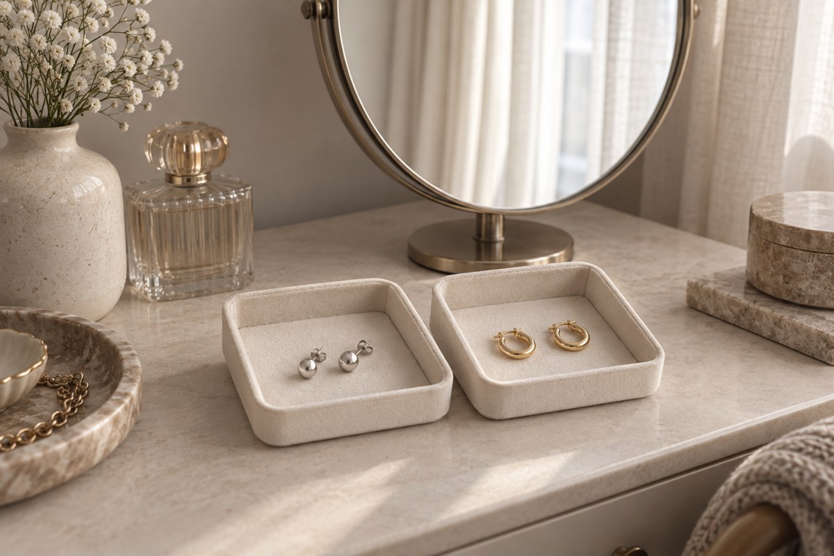 Separate trays holding silver-colored studs and gold-colored hoops.