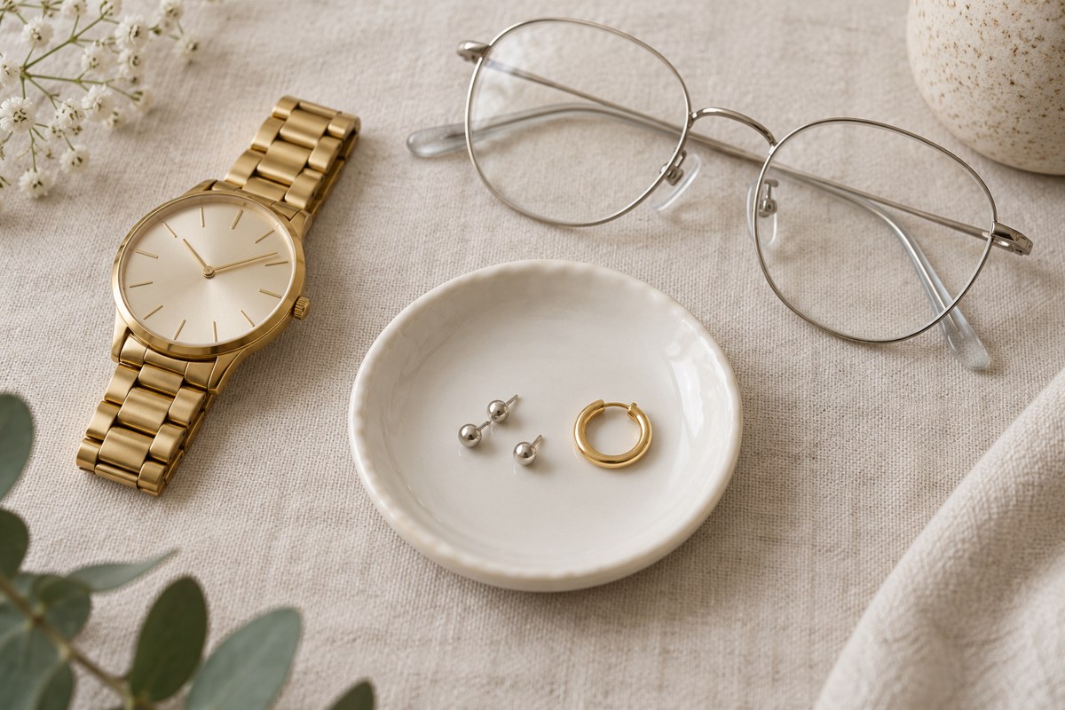 Gold-colored watch, silver-colored glasses and small earrings on linen.
