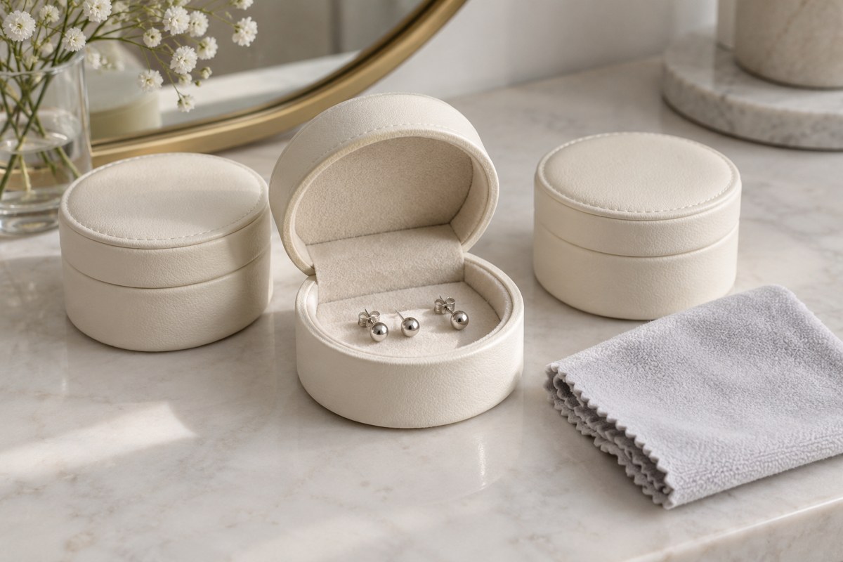 Stud earrings kept together in an open cream box beside a soft cloth.