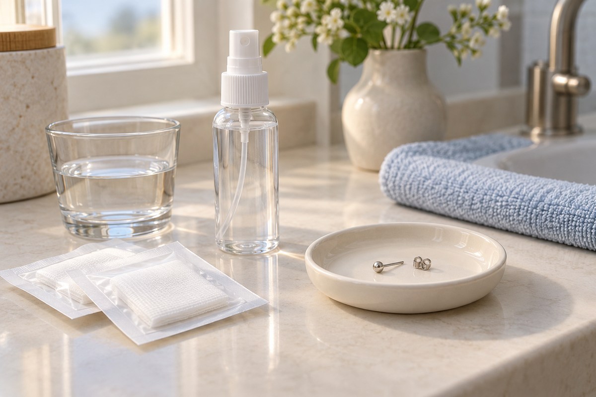 A clear spray bottle, packaged gauze and an off-ear stud on a clean vanity.