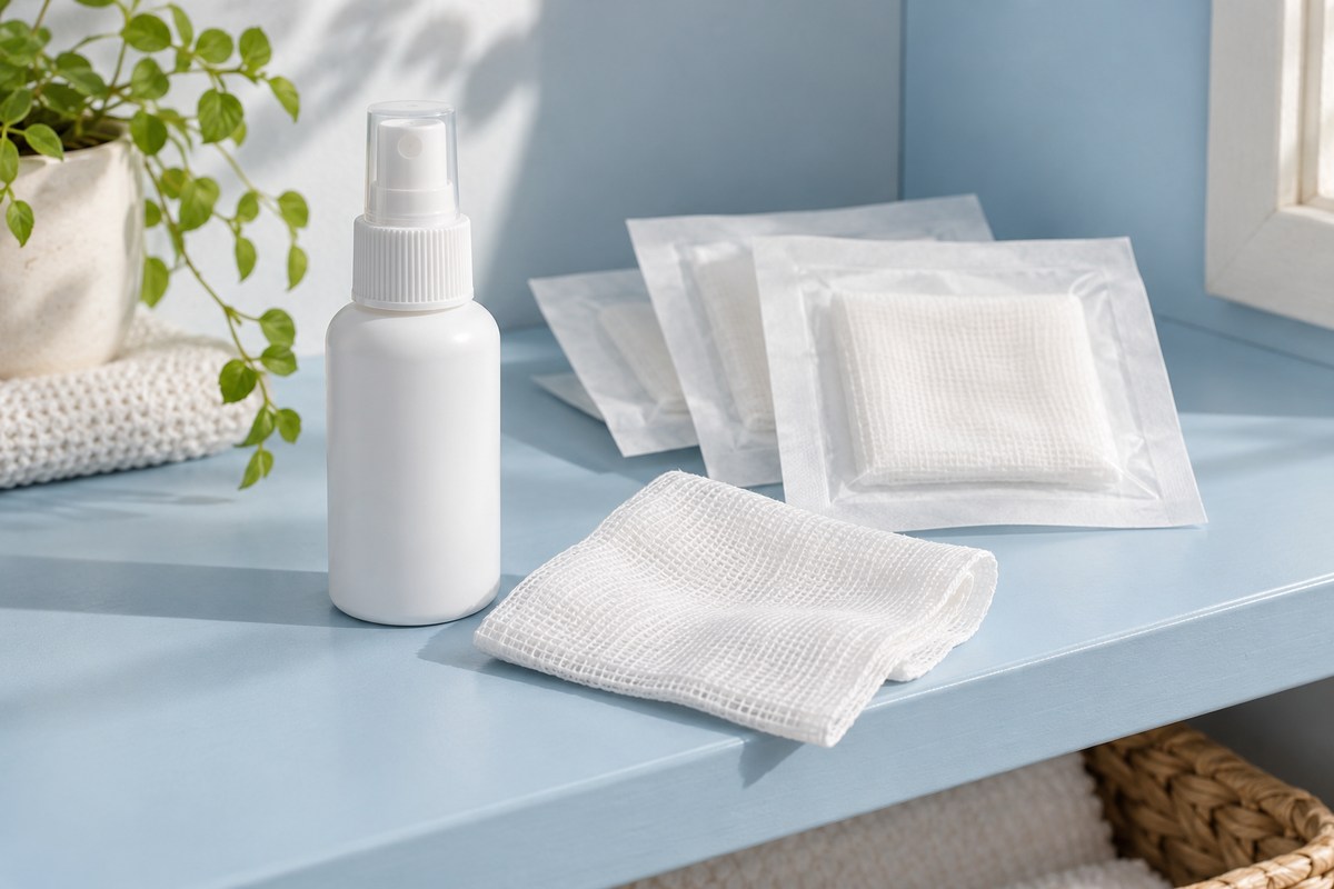 A plain white spray bottle beside packaged gauze and a fresh gauze pad.