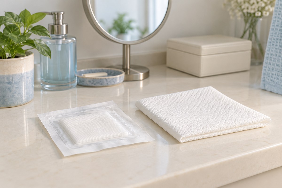 Packaged gauze and folded paper towel on a vanity with a mirror and closed jewelry box.
