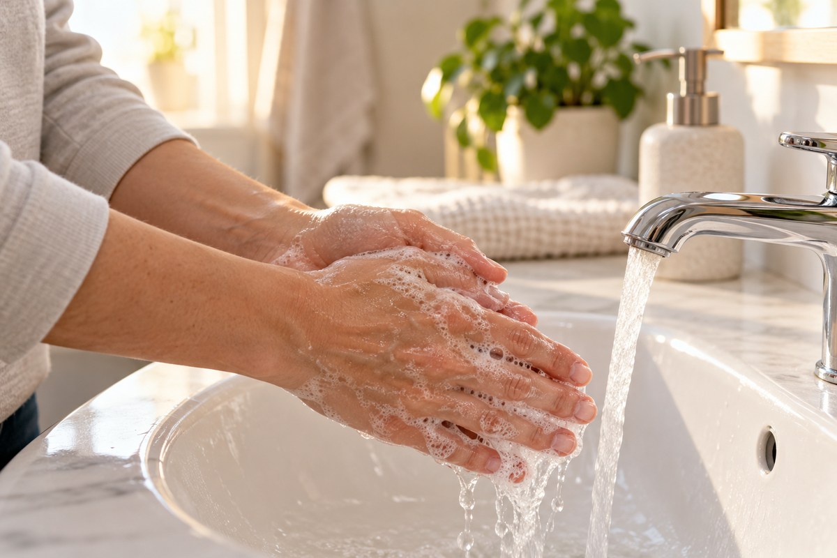 Adult hands washing with soap and water over a bathroom sink.