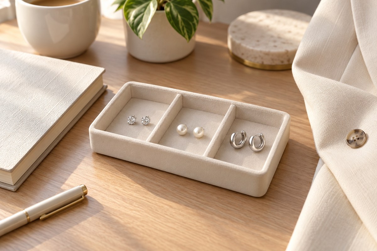 Three pairs of crystal studs, pearl studs and compact hoops in a tray beside a cream blazer.
