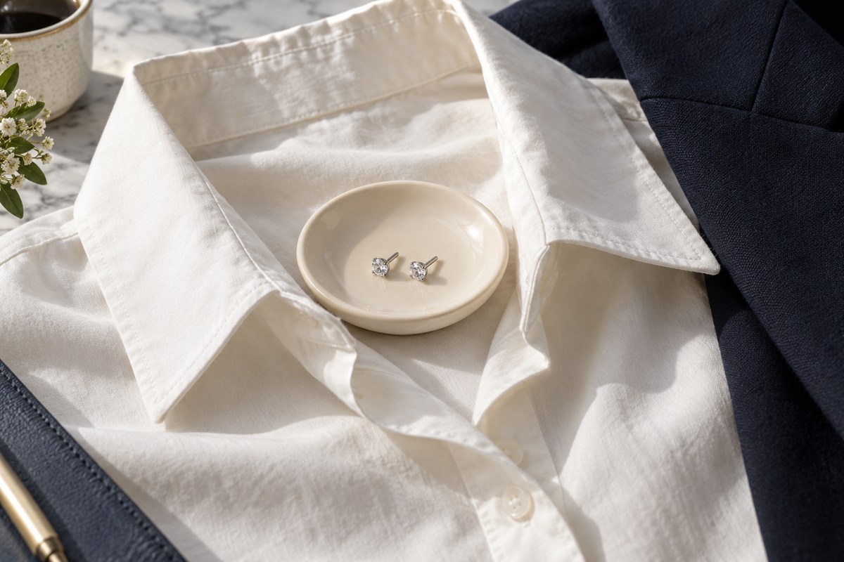 Two small crystal studs in a dish on an ivory shirt beside a navy blazer.