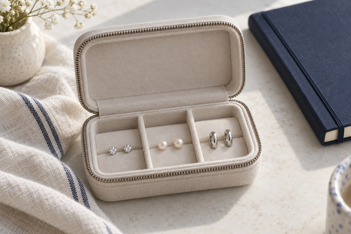 Crystal studs, pearl studs and small hoops stored in separate compartments of an open case.