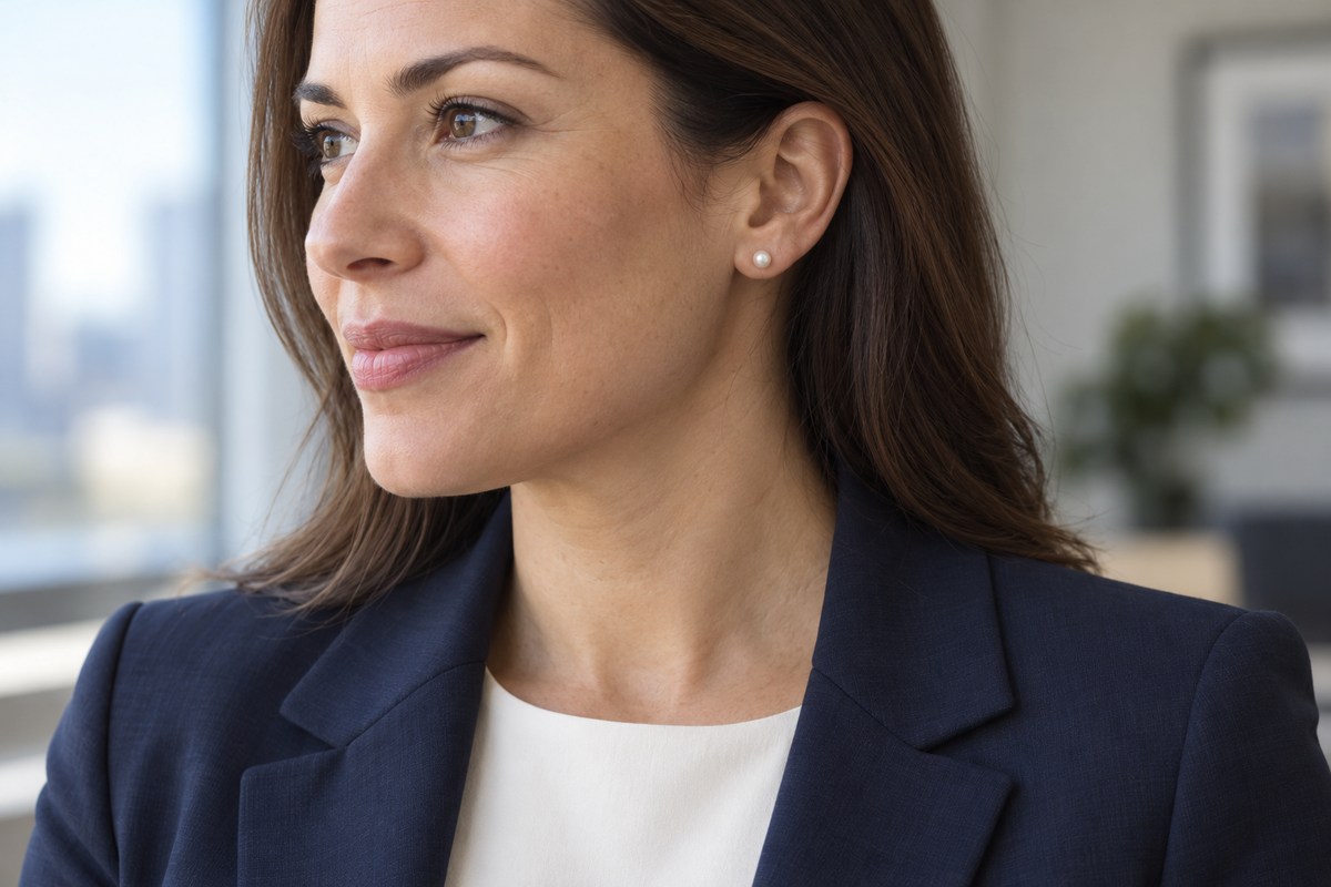 An adult in a navy blazer wearing one small pearl stud in a lobe piercing.