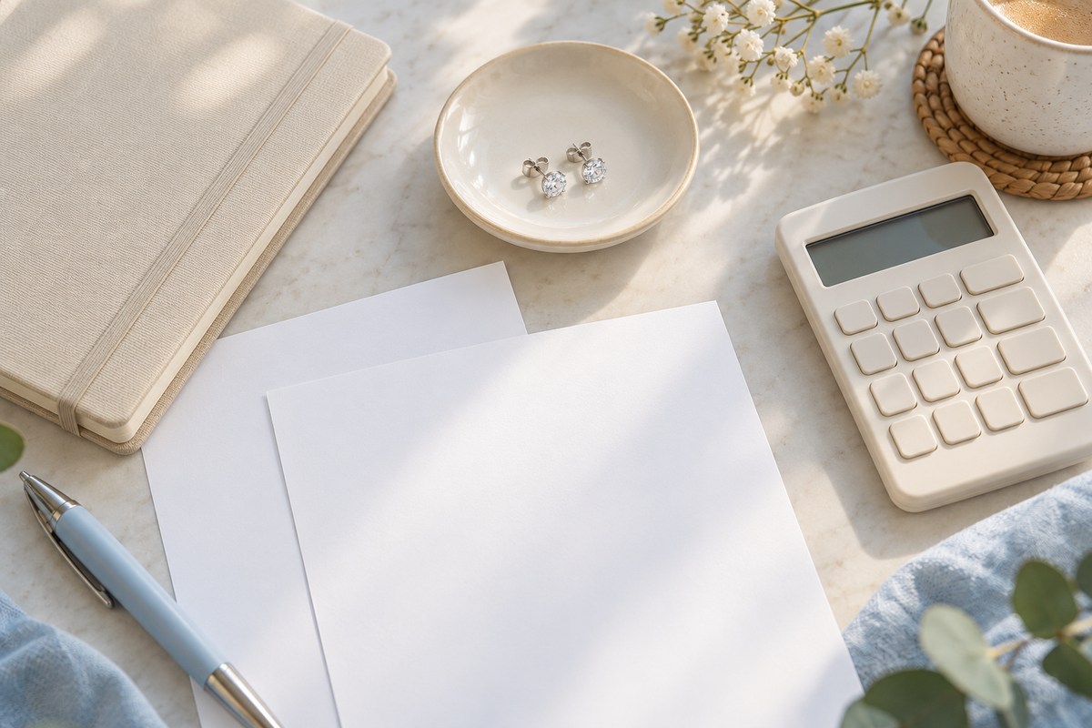 Blank estimate sheets, a calculator, notebook and a pair of crystal studs on a desk.