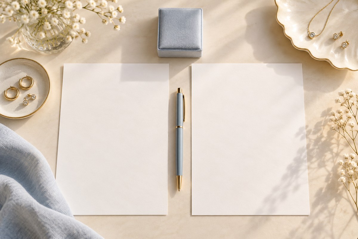 Two blank paper sheets with a pen, jewelry box and small jewelry dishes nearby.