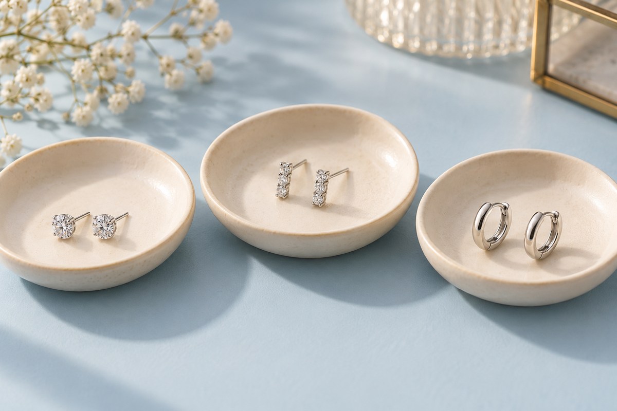 Three pairs of crystal studs, crystal-bar studs and small hoops on separate dishes.