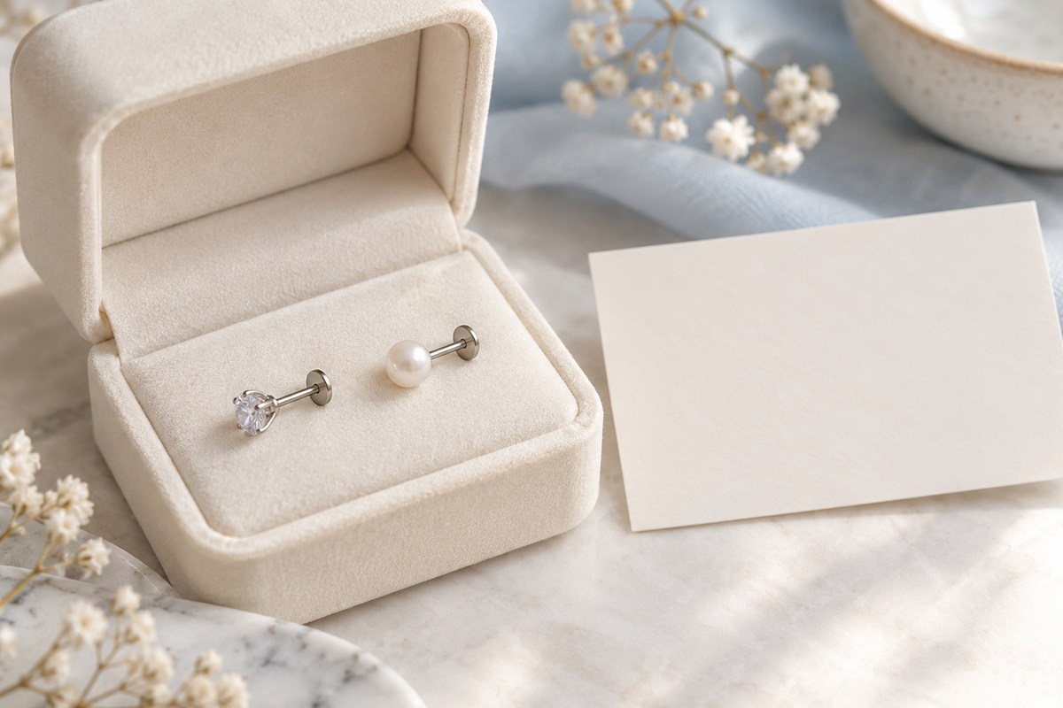 A crystal stud and pearl stud in an open box beside a blank appointment card.