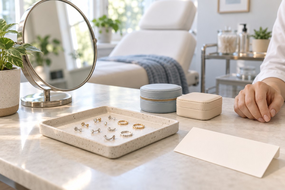 A mirror, blank card, jewelry boxes and a relaxed hand at a consultation table.