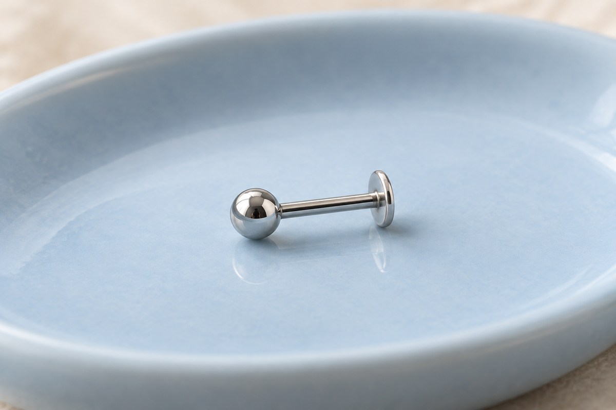 A single straight ball-front labret stud with a flat rear disc on a pale blue dish.