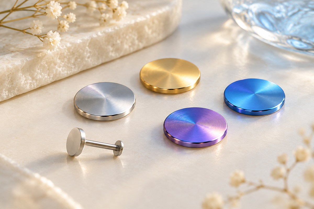 Four metallic discs in silver, gold, blue and violet colors beside a silver-colored flat-back stud.
