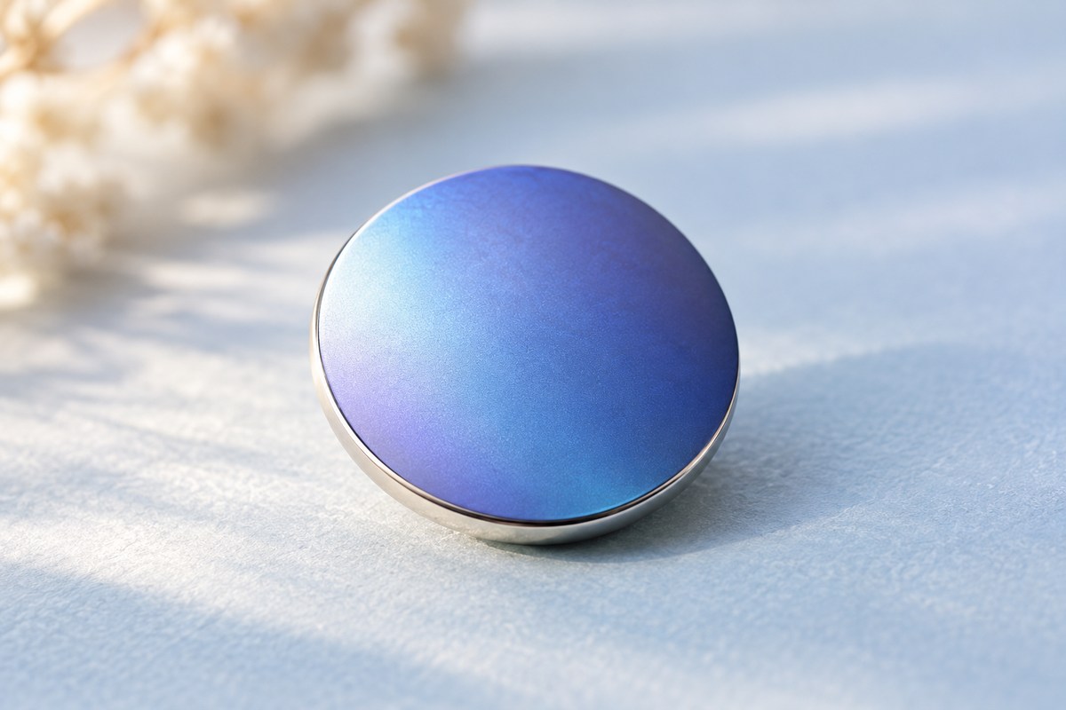 A blue-violet metallic disc resting on pale blue fabric.