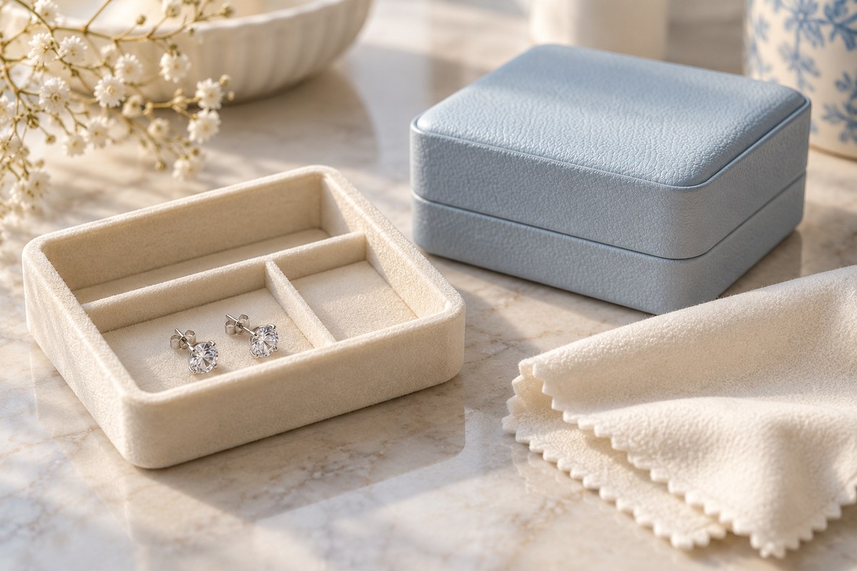Small crystal studs and earring backs in a compartmented tray beside a blue box and folded cloth.