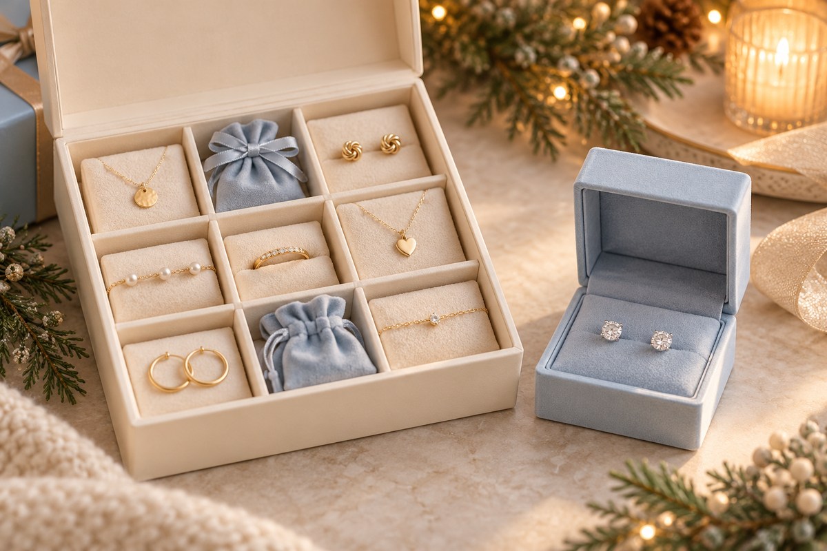 An open compartment gift box beside a separate blue box holding a pair of crystal studs.