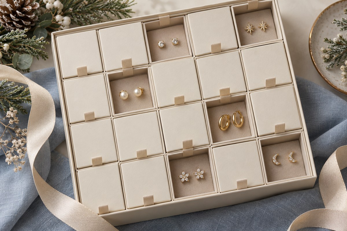 An unnumbered multi-compartment gift box with several small earring pairs visible.
